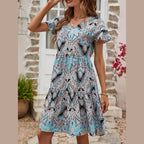 Printed V-Neck Tiered Dress - VacationGrabs