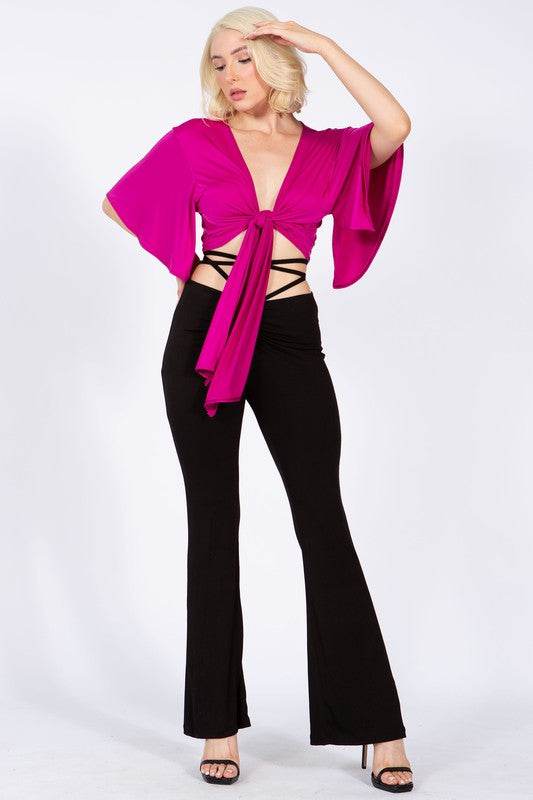 Batwing Sleeve Knot Front Crop Blouse - VacationGrabs