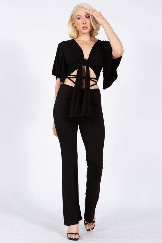Batwing Sleeve Knot Front Crop Blouse - VacationGrabs