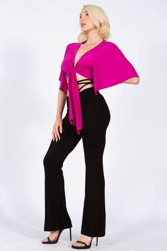 Batwing Sleeve Knot Front Crop Blouse - VacationGrabs
