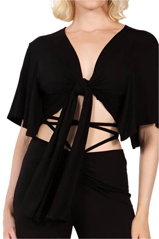 Batwing Sleeve Knot Front Crop Blouse - VacationGrabs