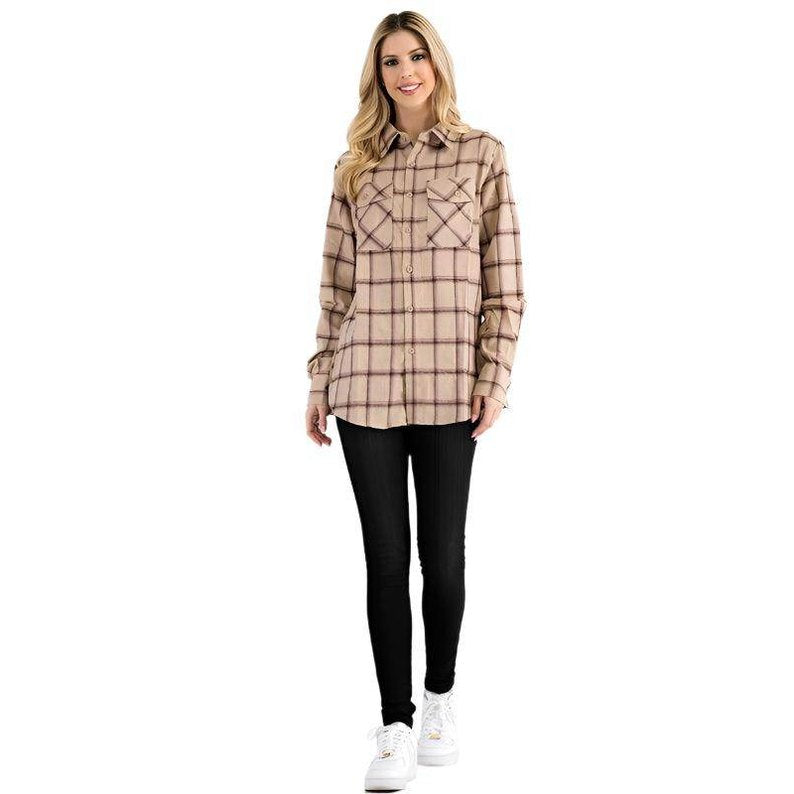 Boyfriend Fit Checker Plaid Flannel Long Sleeve - VacationGrabs