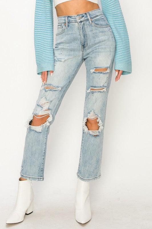 Women's Jeans High Rise Distressed Straight Jeans