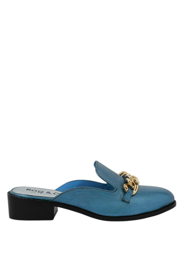 Aksa Chain Embellished Metallic Leather Mules