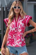 Floral Colorblock Lace V-Neck Flutter Sleeve Blouse