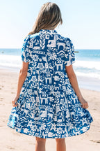 Floral Ricrac Trim Split Neck Tiered Mini Dress