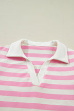 Stripe Collar V-Neck Ruffle Short Sleeve Blouse