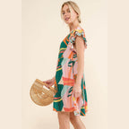 And The Why Printed Double Ruffle Sleeve Dress - VacationGrabs