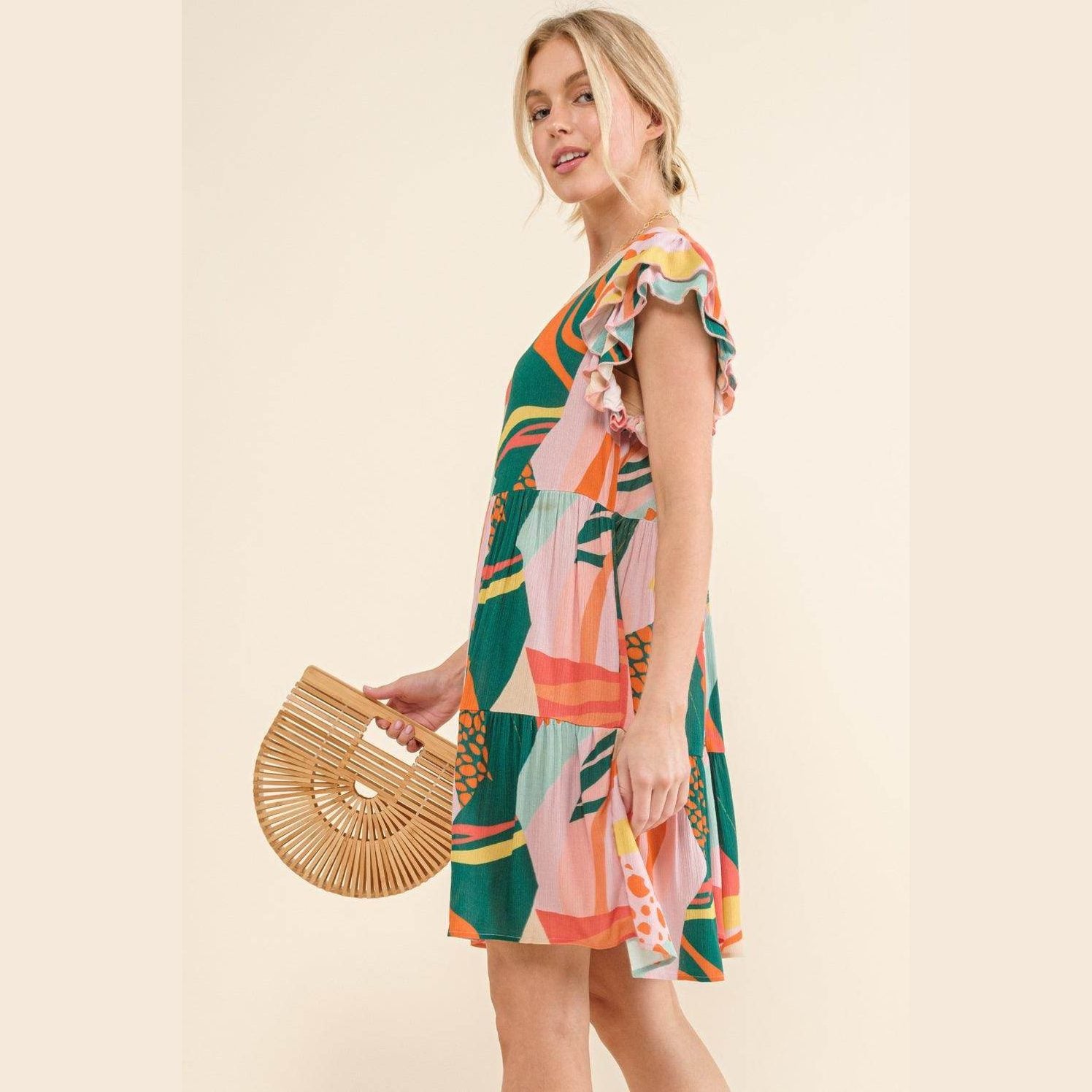 And The Why Printed Double Ruffle Sleeve Dress - VacationGrabs
