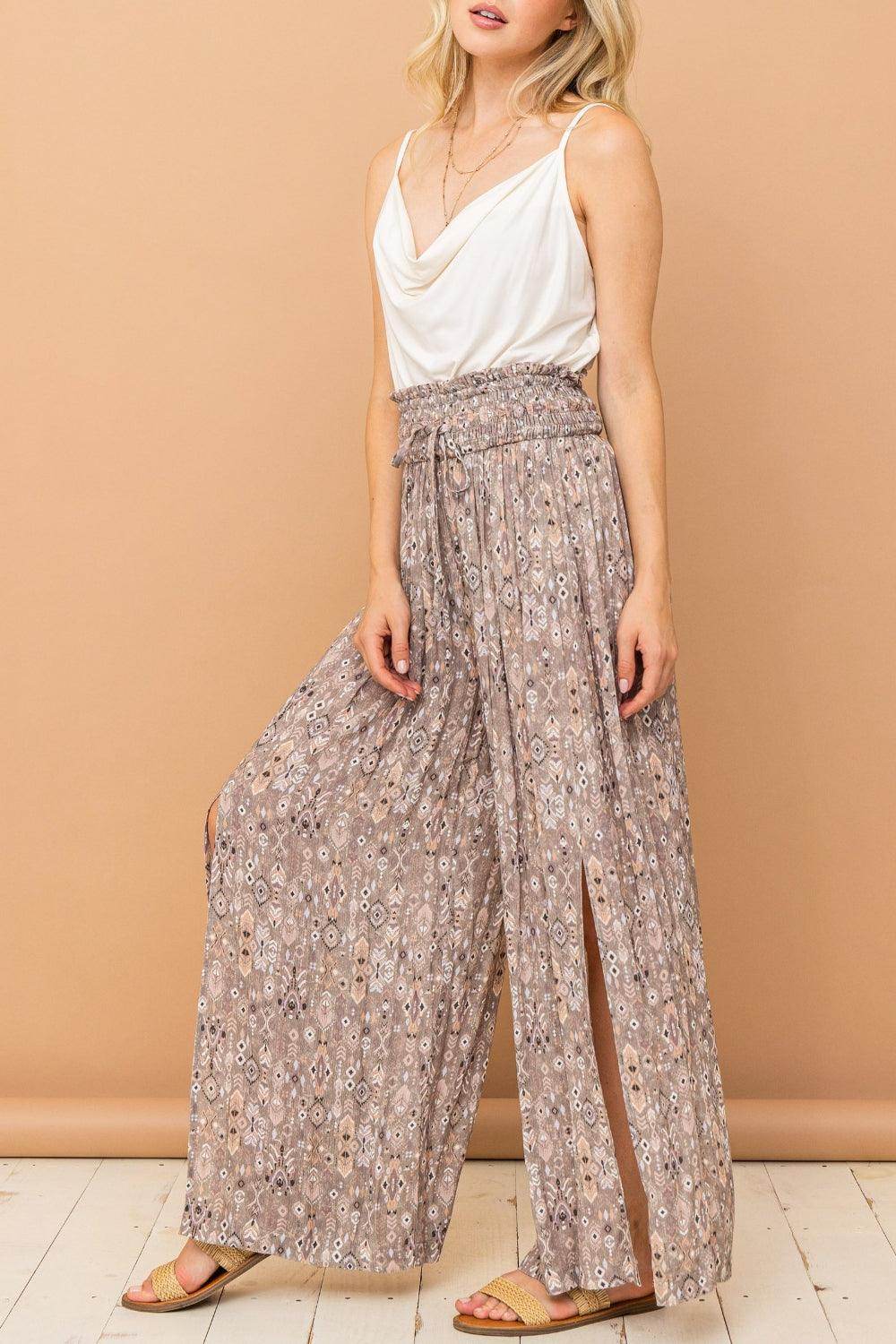 And The Why Printed Smocked Waist Slit Wide Leg Pants - VacationGrabs