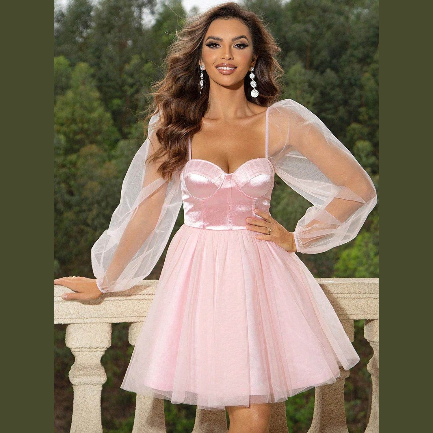 Sweetheart Neck Balloon Sleeve Mini Dress - VacationGrabs