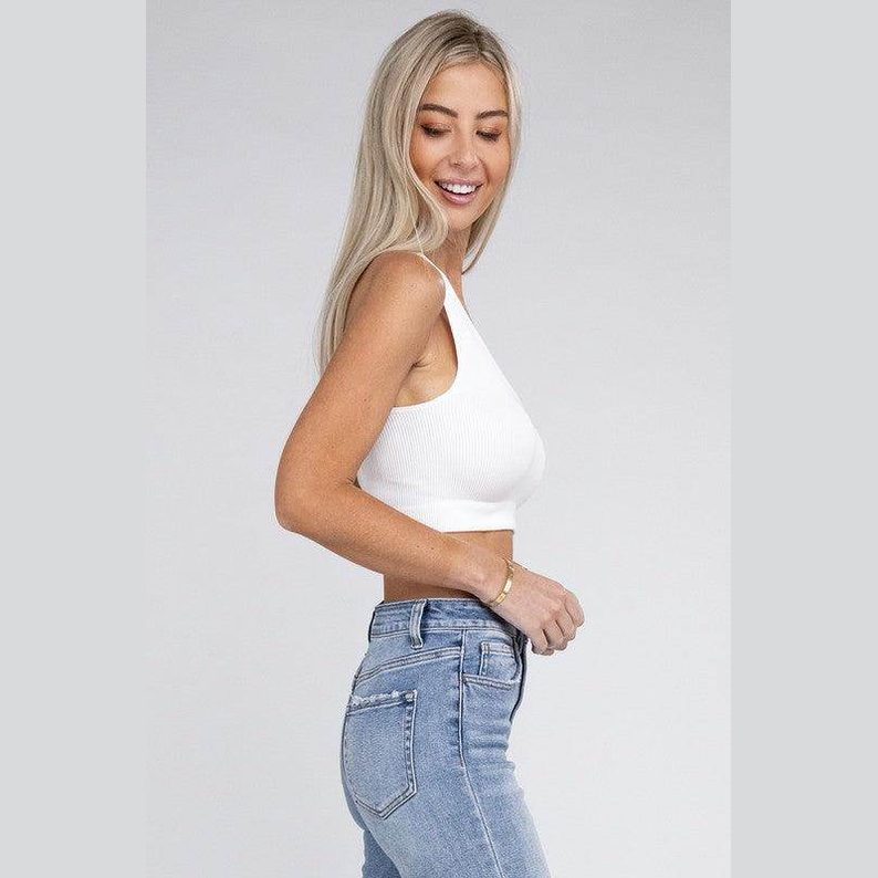 Ribbed Cropped Racerback Tank Top - VacationGrabs