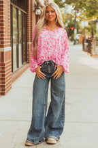 Floral Puff Sleeve Split Neck Lightweight Blouse