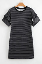 Stripe Ruffle Short Sleeve Crew Neck T-Shirt Mini Dress