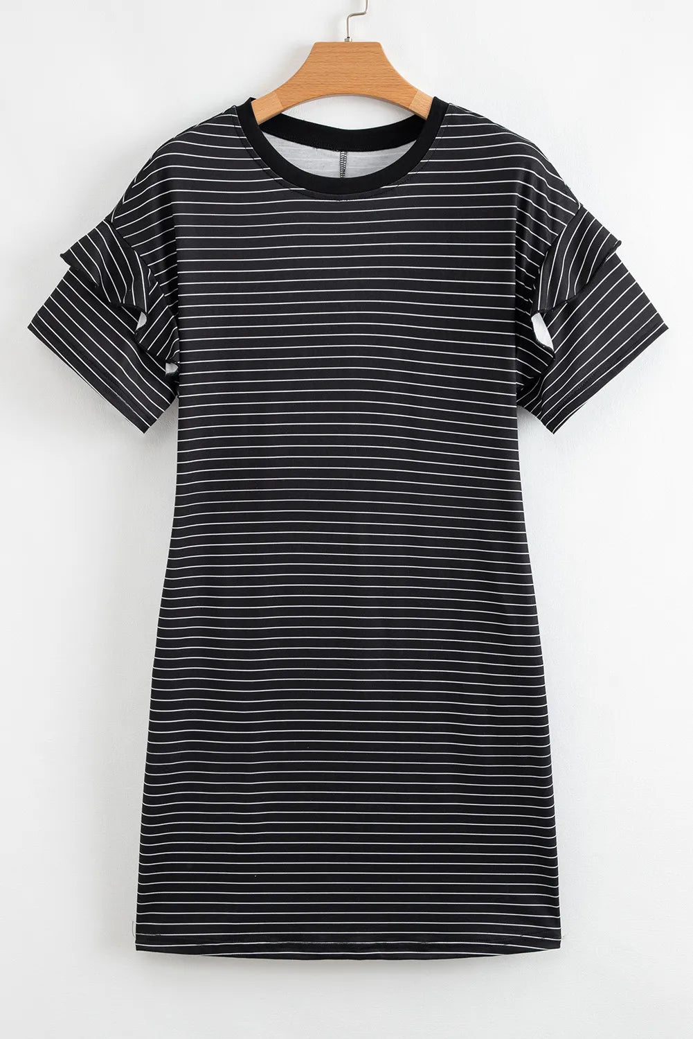 Green Stripe Ruffled Short Sleeve Crew Neck T Shirt Shift Mini Dress