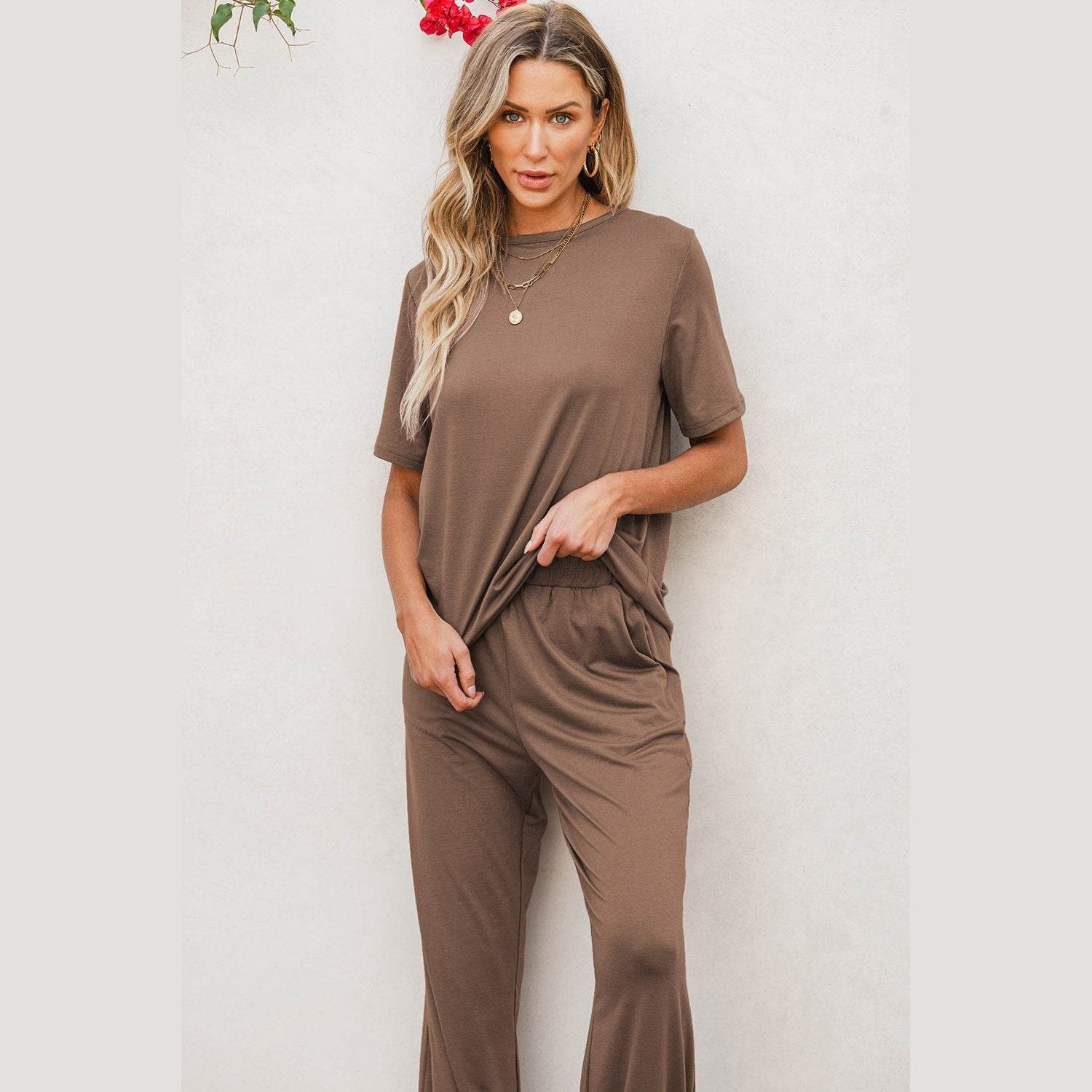 Smoke Gray Solid Color T Shirt 2pcs Wide Leg Pants Set - VacationGrabs