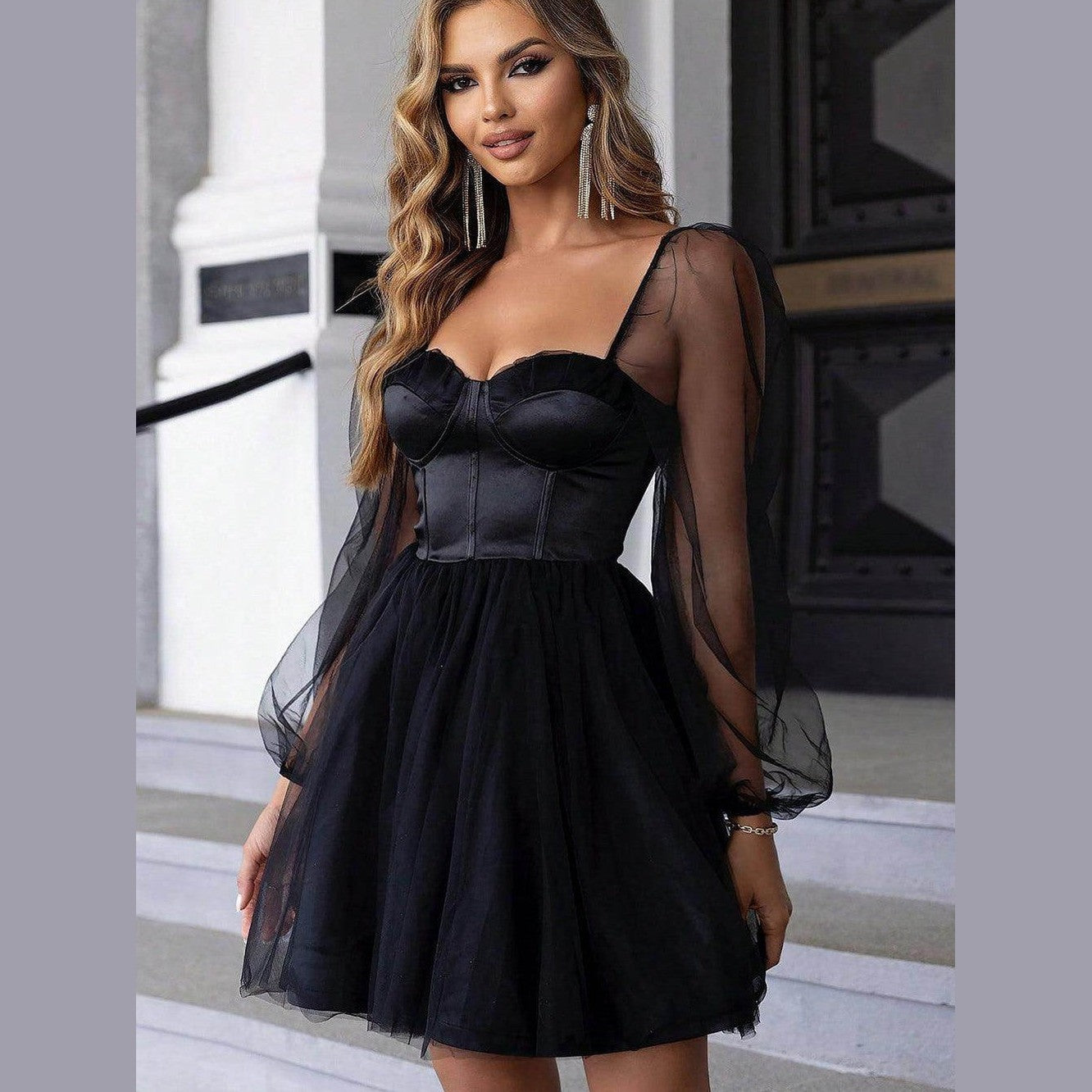 Sweetheart Neck Balloon Sleeve Mini Dress - VacationGrabs