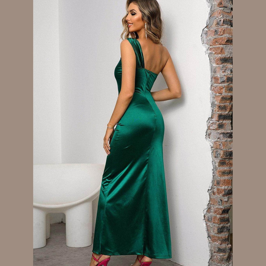 One-Shoulder Ruched Green Maxi Dress - VacationGrabs