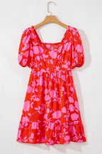 Floral Bubble Sleeve Sweetheart Neck Ruffle Mini Dress
