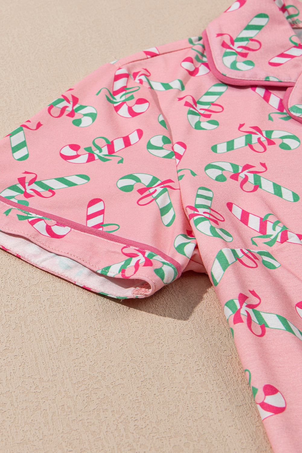 Women's Sleepwear/LoungewearPink Christmas Candy Cane Print Pocketed Knotted Pajama Set - VacationGrabs