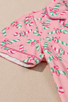 Women's Sleepwear/LoungewearPink Christmas Candy Cane Print Pocketed Knotted Pajama Set - VacationGrabs