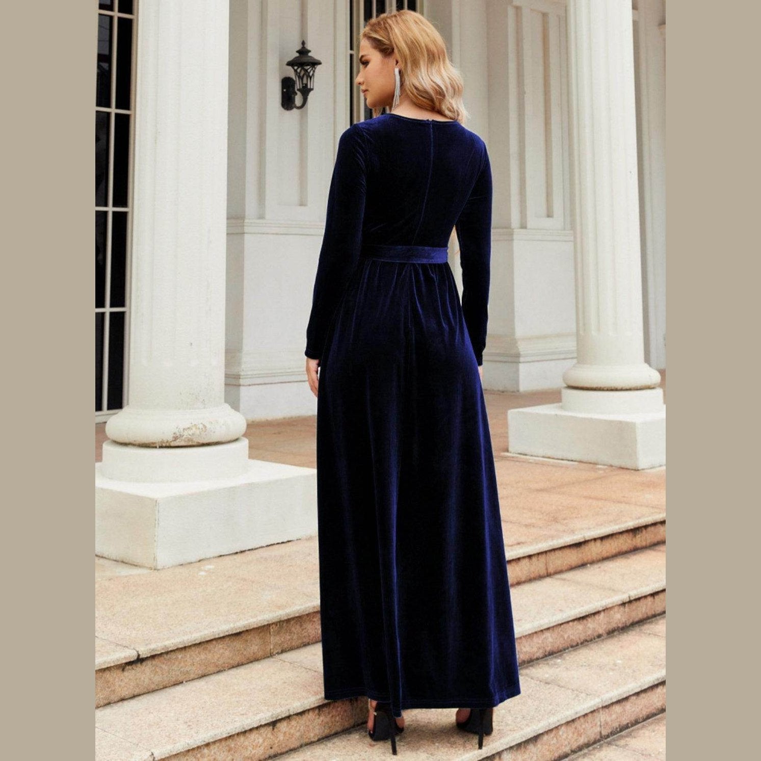 Tie Front Round Neck Long Sleeve Maxi Dress - VacationGrabs