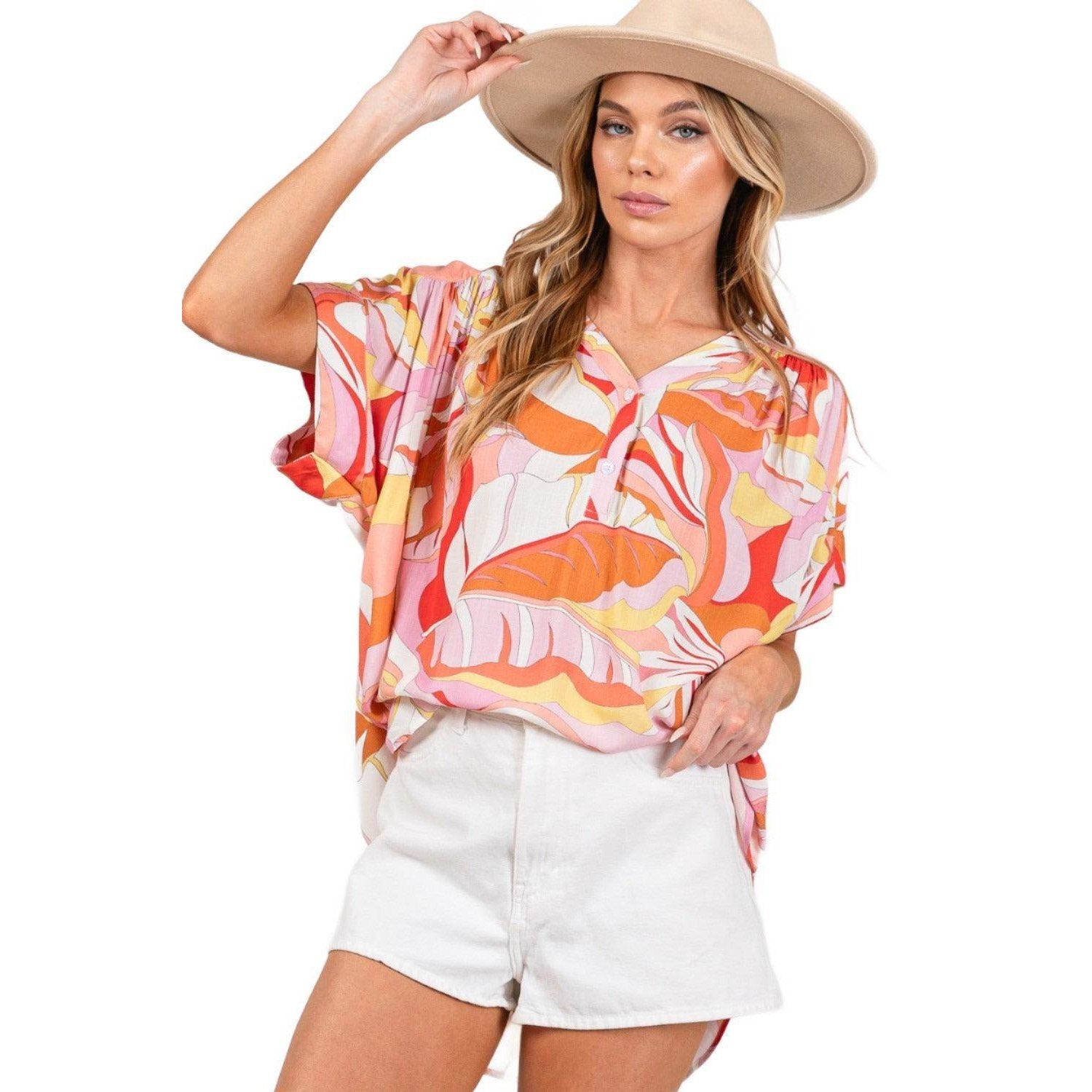 SAGE + FIG Abstract Print Half Button Blouse - VacationGrabs