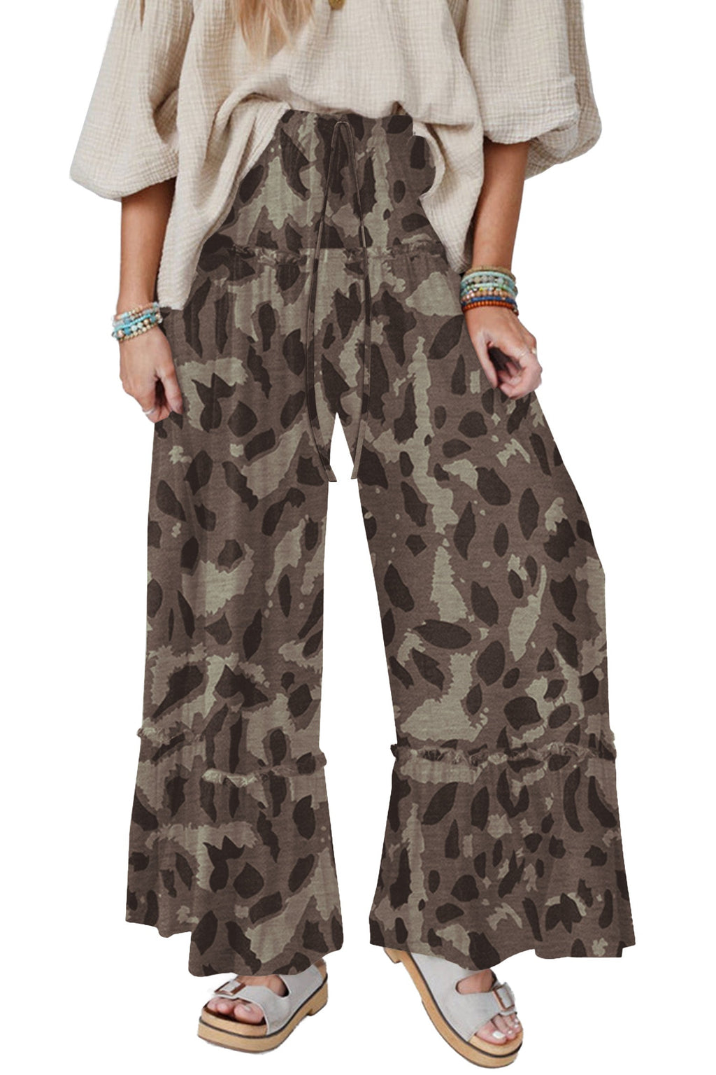 Abstract Leopard Ruffle Tiered Wide Leg Pants
