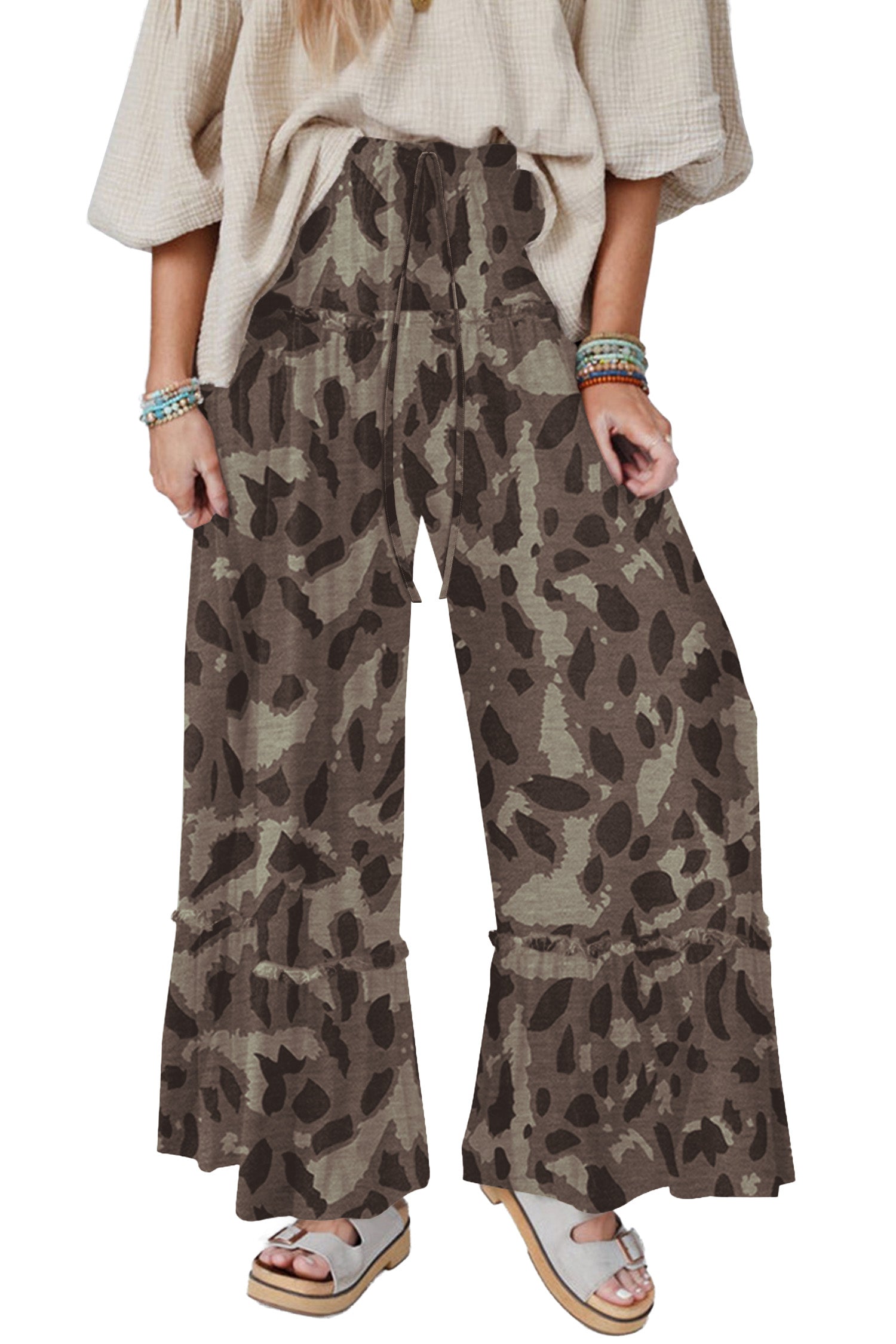 Abstract Leopard Ruffle Tiered Wide Leg Pants