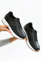 Women's black studded real leather sneakers for casual wear