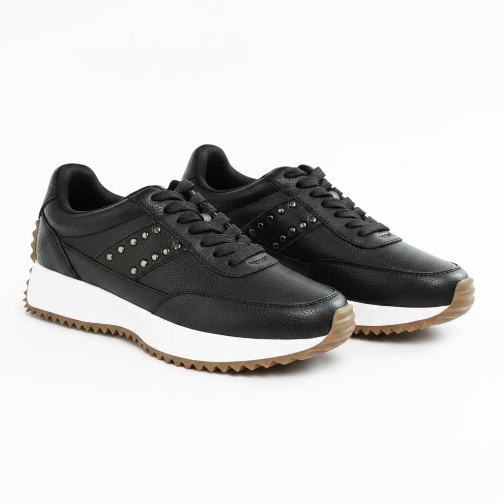 Women's black studded real leather sneakers for casual wear