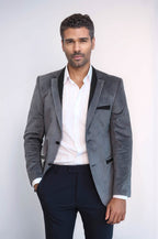 2 Buttons Pocket Piping Velvet Grey Jacket – front view