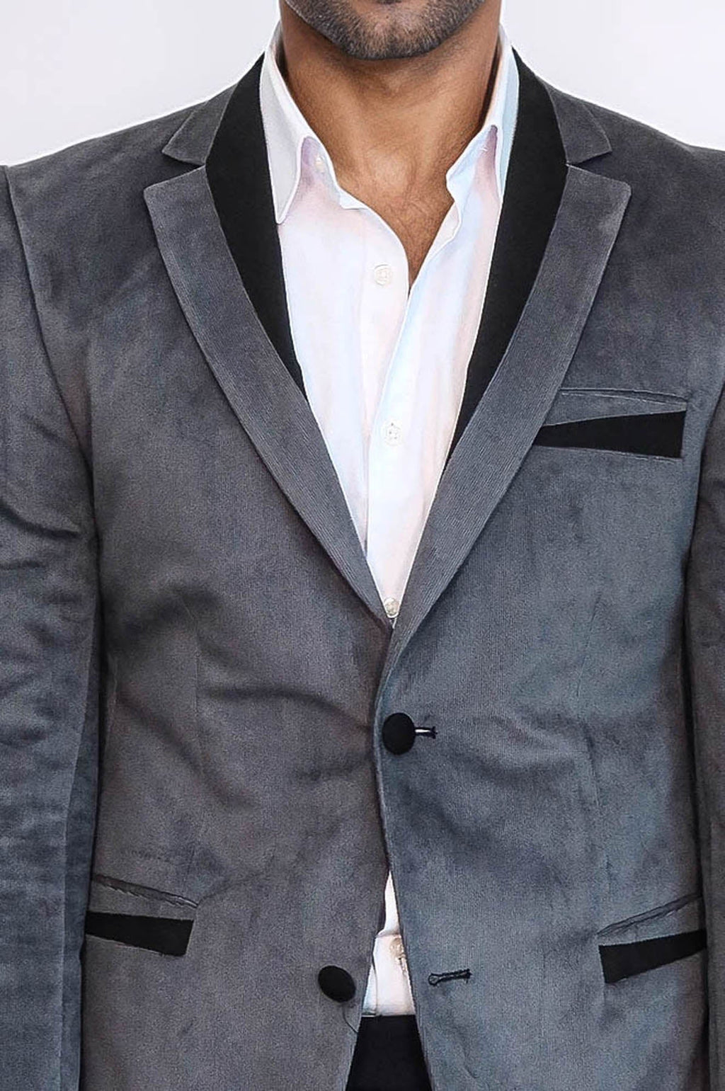2 Buttons Pocket Piping Velvet Grey Jacket – detail view