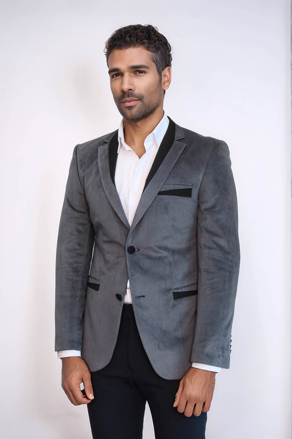 2 Buttons Pocket Piping Velvet Grey Jacket – styled view