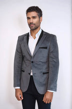 2 Buttons Pocket Piping Velvet Grey Jacket – styled view
