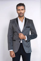 2 Buttons Pocket Piping Velvet Grey Jacket – close up view