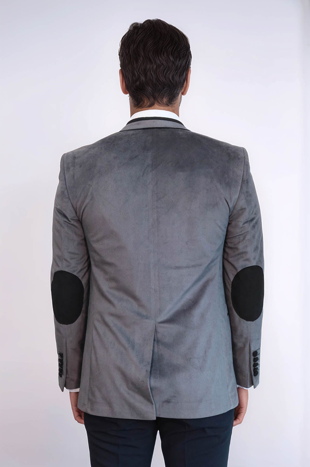 2 Buttons Pocket Piping Velvet Grey Jacket – full look view