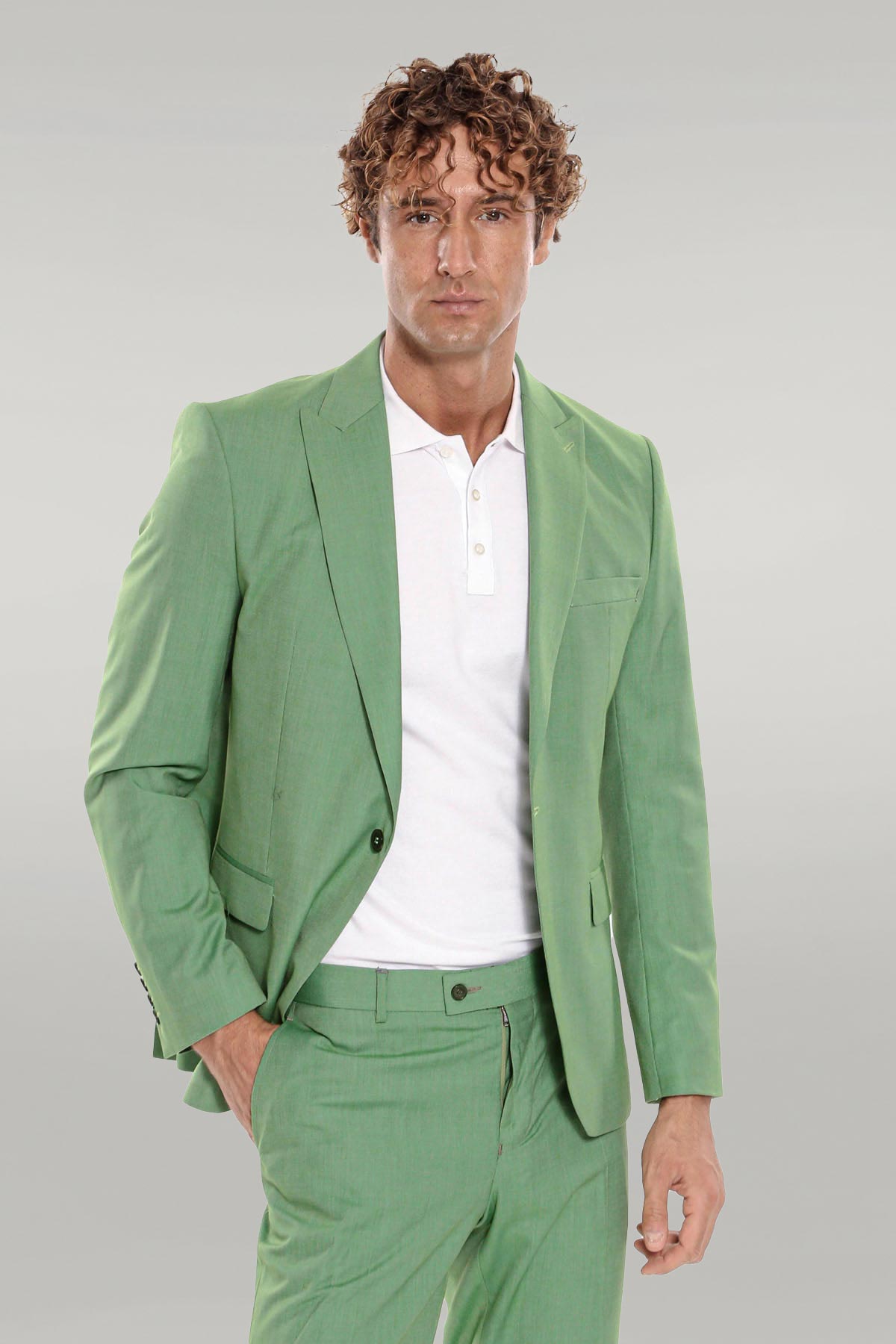 2 Piece Patterned Slim Fit Green Men Suit – full look view