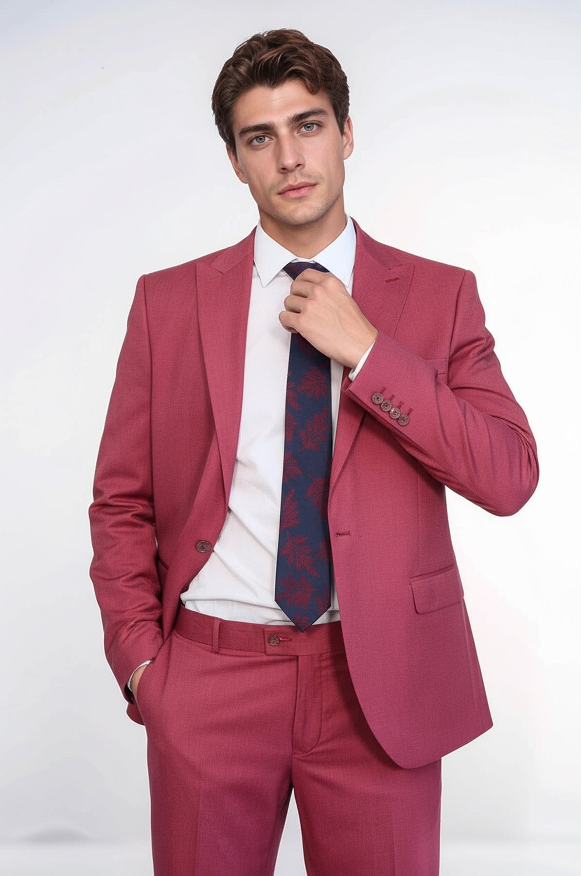 2 Piece Patterned Slim Fit Magenta Men Suit – front view