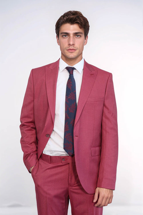 2 Piece Patterned Slim Fit Magenta Men Suit – detail view