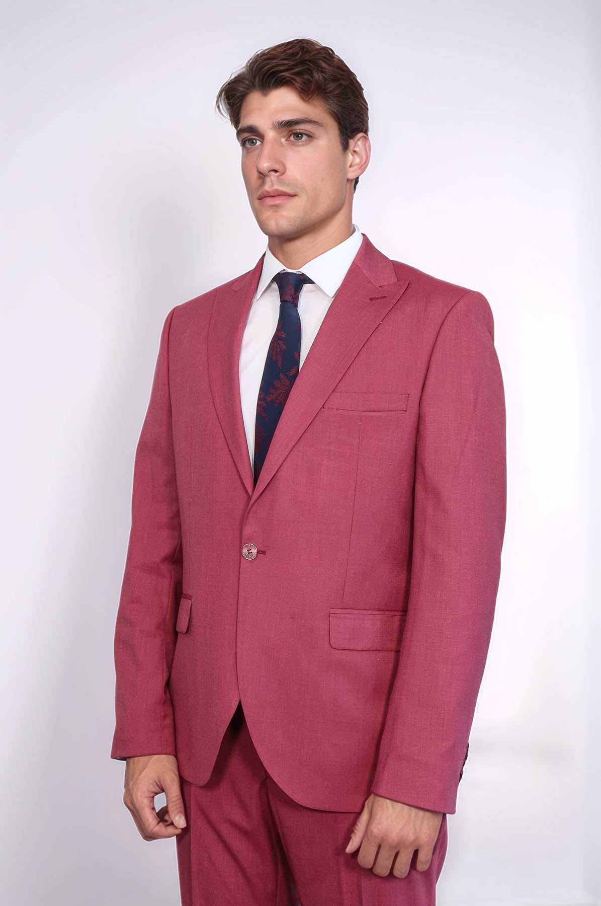 2 Piece Patterned Slim Fit Magenta Men Suit – close up view