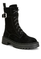 Black suede lace up ankle boots for women with chunky sole and adjustable buckle for durable style