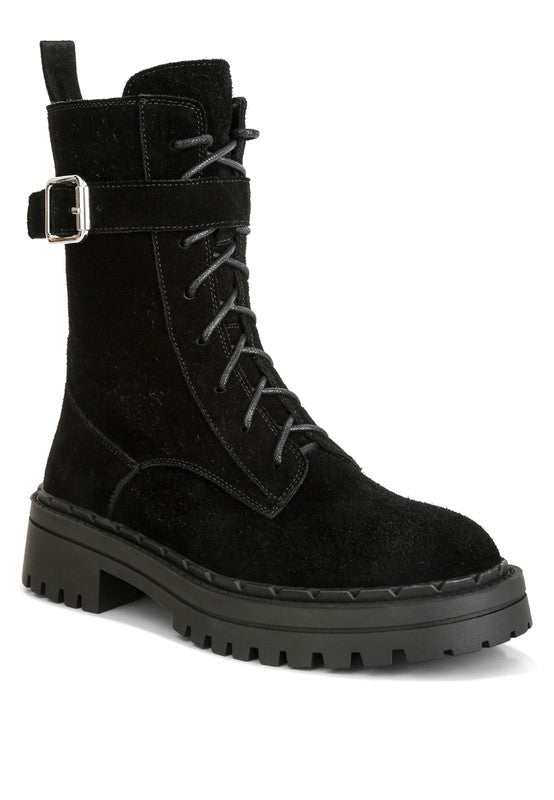 Black suede lace up ankle boots for women with chunky sole and adjustable buckle for durable style