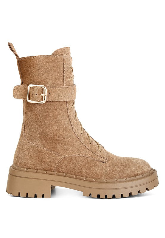 Rag Company tan suede lace up boots for women with a chunky sole and buckle detail
