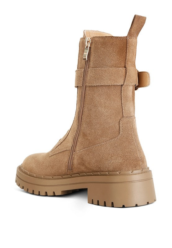 Tan suede lace up boots for women with a chunky sole and side zip detail from Rag Company