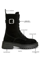 Black lace up ankle boots for women with buckle belt embellishment and low block heel
