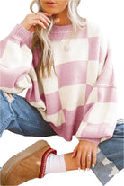 Women's SweatersPink Checkered Bishop Sleeve Sweater - VacationGrabs