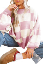 Pink Checkered Bishop Sleeve Sweater - VacationGrabs