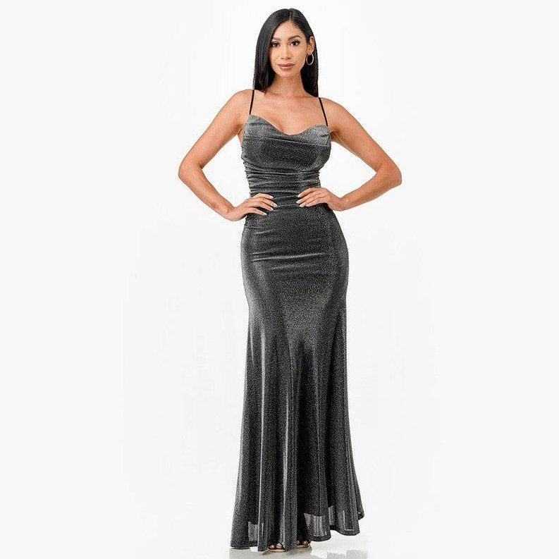 Sparking Jacquard Cowl Neck Long Dress - VacationGrabs