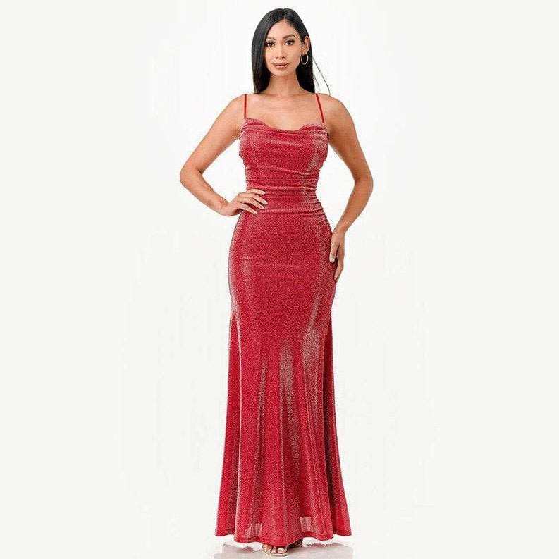 Sparking Jacquard Cowl Neck Long Dress - VacationGrabs